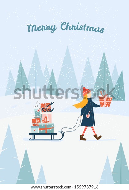 かわいい漫画の女の子のキャラクターが入ったメリークリスマスグリーティングカードテンプレート プレゼントと冬の背景にサンタソリ ベクターイラスト のベクター画像素材 ロイヤリティフリー