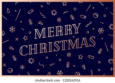 Merry Christmas. Greeting card with text Merry Christmas.. Memphis geometric bright golden style for Happy New Year or Merry Christmas. Holiday background, greeting card. Vector Illustration