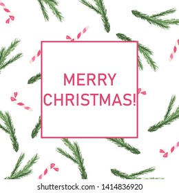Merry Christmas! Greeting card with text and pattern of green fir branch and candy cane on white background.