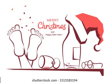 Merry Christmas greeting card with text. Vector cartoon illustration of holiday table with alcohol and Santa hat isolated on white.