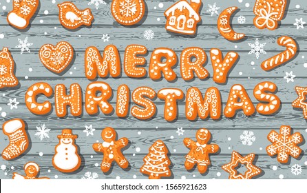 Merry Christmas greeting card. Text made of gingerbread cookies on old wooden background. Cartoon hand drawn vector illustration.