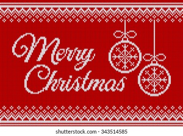 Merry Christmas greeting card. Text "Merry Christmas" and balls on seamless holiday background with wool knitted texture