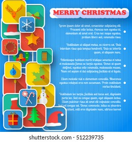 Merry christmas greeting card with text and set of holiday icons on blue textured background vector illustration