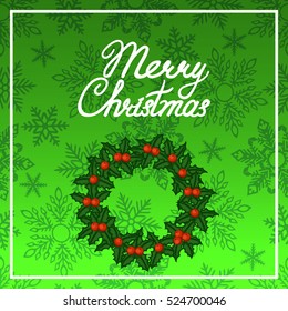 Merry Christmas greeting card. The text on the background of snowflakes. Vector illustration.