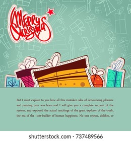 Merry Christmas greeting card with text colorful gift boxes and celebrating inscription on doodle background vector illustration