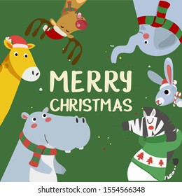 Merry Christmas greeting card with Tiger, rabbit, hippopotamus, giraffe, and zebra. Cute holiday cartoon character vector. Happy new year.