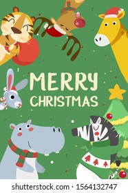 Merry Christmas greeting card with Tiger, rabbit, hippopotamus, giraffe and zebra. Cute holiday cartoon character vector. Happy new year.