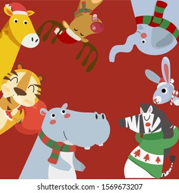 Merry Christmas greeting card with Tiger, rabbit, hippopotamus, giraffe and zebra. 
Animals of the christmas, frame.  Animals Frame.