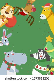 Merry Christmas greeting card with Tiger, rabbit, hippopotamus, giraffe and zebra. 
Animals of the christmas, frame.  Animals Frame.