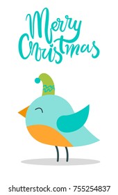 Merry Christmas greeting card with tiny bird with blue plumage in warm hat isolated vector illustration on white background, animal in headgear.