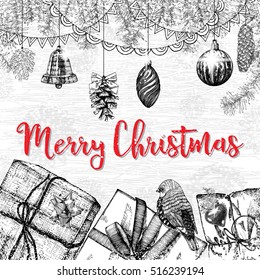 Merry Christmas greeting card with traditional decorations and calligraphic lettering. Vector.