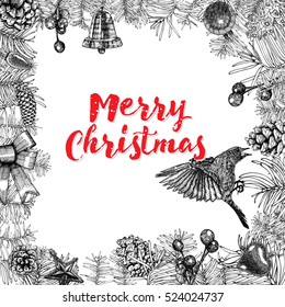 Merry Christmas greeting card with traditional decorations and calligraphic lettering. Vector.