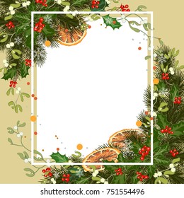 Merry christmas greeting card with traditional decorations and place for message. Christmas background with branches of spruce and holly. Vector illustration