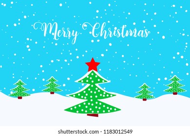 Merry Christmas greeting card with Christmas tree and falling snow.