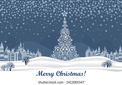 Merry Christmas greeting card. Christmas tree.  Celebration blue background with Christmas Landscape, Christmas tree, winter town, mountains,  snow and place for your text. Vector Illustration