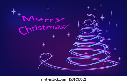 Merry Christmas greeting card, Christmas tree shaped curved lines, neon colors, template for poster, banner.