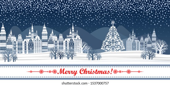 Merry Christmas greeting card. Christmas tree.  Celebration blue background with Christmas Landscape, Christmas tree, winter town, mountains,  snow and place for your text. Vector Illustration