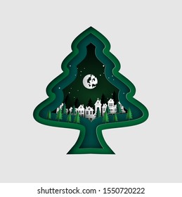 Merry Christmas greeting card with christmas tree and snow flake. paper cut art vector illustration.