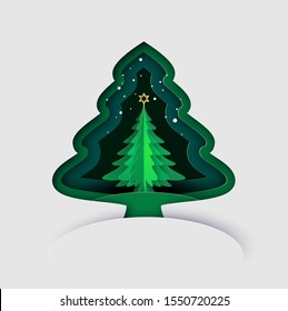 Merry Christmas greeting card with christmas tree and snow flake. paper cut art vector illustration.