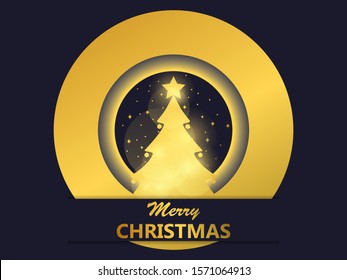 Merry Christmas greeting card. Christmas tree with golden gradient. Greeting card design template. Vector illustration