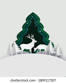 Merry Christmas Greeting Card With Christmas Tree And Snow Flake. Paper Cut Art Vector Illustration.