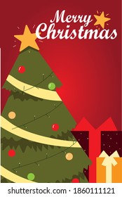 merry christmas greeting card tree and gift boxes celebration vector illustration