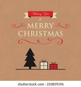 Merry Christmas greeting card with Christmas tree and presents
