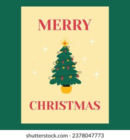 Merry Christmas greeting card with Christmas tree decorated with garland, baubles, balls, ornaments vector illustration. Cute cartoon style hand draw art
