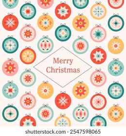Merry Christmas greeting card with Christmas tree toys collection. Colorful bright Christmas balls. Winter holiday background for congratulations. Vector illustration in flat style
