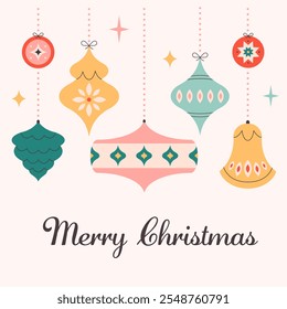 Merry Christmas greeting card with Christmas tree toys. Colorful bright Christmas balls. Winter holiday background for congratulations. Vector illustration in flat style