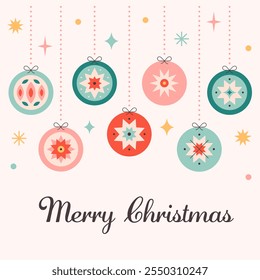 Merry Christmas greeting card with Christmas tree toys. Colorful bright Christmas balls. Winter holiday background for congratulations. Vector illustration in flat style