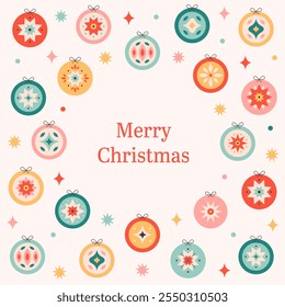 Merry Christmas greeting card with Christmas tree toys. Colorful bright Christmas balls. Winter holiday background for congratulations. Vector illustration in flat style