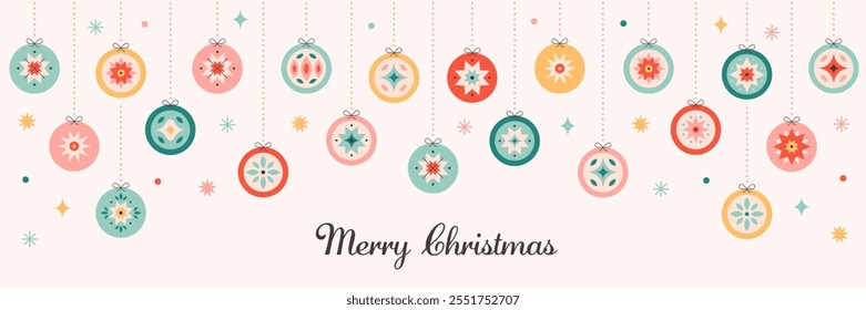 Merry Christmas greeting card with Christmas tree toys. Colorful bright Christmas balls. Winter holiday background for congratulations. Vector illustration in flat style