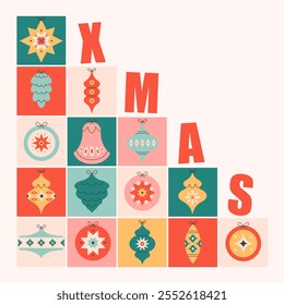 Merry Christmas greeting card with Christmas tree toys collection. Colorful bright Christmas balls. Winter holiday background for congratulations. Vector illustration in flat style