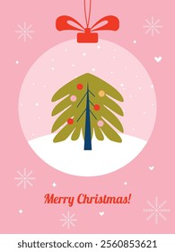 Merry Christmas greeting card. Christmas tree and snow globe. Retro vintage style. Happy New Year. Banner, flyer, cover, poster template with typography. Vector.