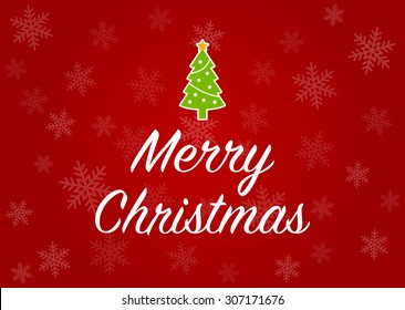 Merry Christmas greeting card with Christmas tree in red snowflake background