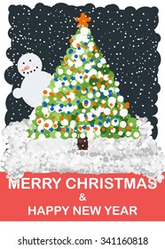 Merry Christmas greeting card with tree and snowman, vector illustration