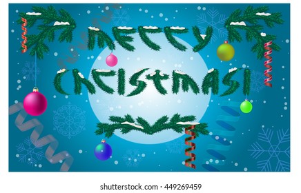 "Merry Christmas" greeting card with Christmas tree letters and decoration