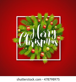 Merry Christmas greeting card. Tree branches in frame, snowflakes on red background with sparkles. Red and gold ball and decoration elements.Merry Christmas card, menu, invitation, banner, poster.Xmas