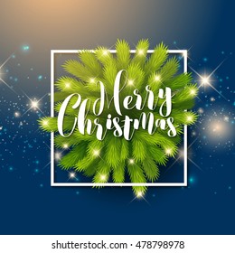 Merry Christmas greeting card. Christmas Tree branches in frame, Christmas snowflakes on blue background with sparkles. Merry Christmas card, menu, invitation, banner, poster, advertising, Christmas.