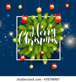 Merry Christmas greeting card. Tree branches in frame, snowflakes on blue background with sparkles.Red and gold ball and decoration elements.Merry Christmas card, menu, invitation, banner, poster.Xmas