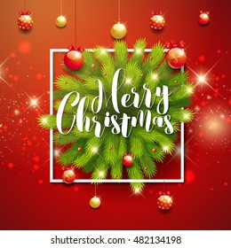 Merry Christmas greeting card. Christmas Tree branches in frame, Christmas snowflakes on blue background with sparkles. Festive design layout for menu, voucher, card, tag, label, blog, web.