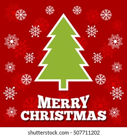 Merry Christmas greeting card. Christmas tree on red background with beautiful snowflakes.