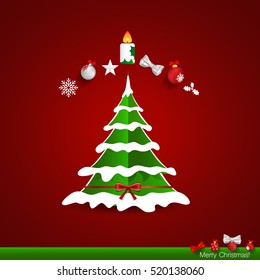 Merry Christmas greeting card with Christmas tree, vector illustration.