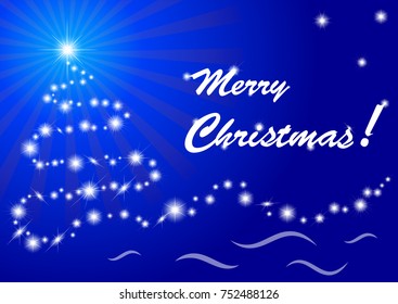 Merry Christmas greeting card. Christmas tree made of stars on the blue background. With the text "Merry Christmas!" on the right. 