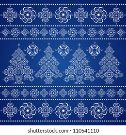 Merry Christmas Greeting Card with Christmas Trees and SnowFlakes on Blue Background, Isolated Vector Illustration