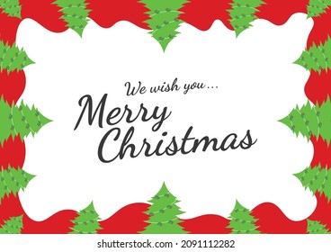 Merry Christmas greeting card with Christmas trees and a red background.