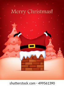 Merry christmas greeting card with Christmas trees and santa claus stuck on chimney on falling snow background