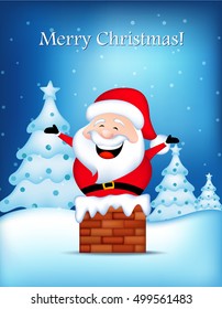 Merry Christmas greeting card with Christmas trees and happy santa claus coming out from a chimney on falling snow background