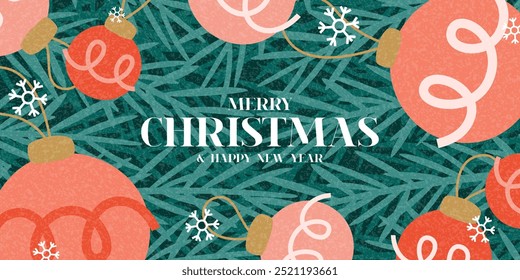 Merry Christmas greeting card. Trendy vector illustration with fir tree branches, Christmas balls and typography design. Contemporary minimalist New Year banner for card, poster, cover, social media.